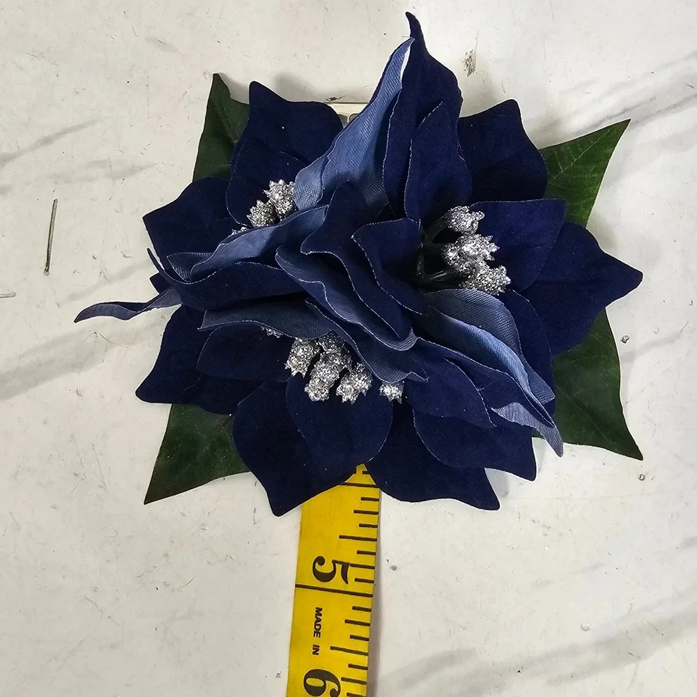 Handmade Navy Blue Poinsettia Hair Flower Clip Holiday Winter Glitter‎ Pinup